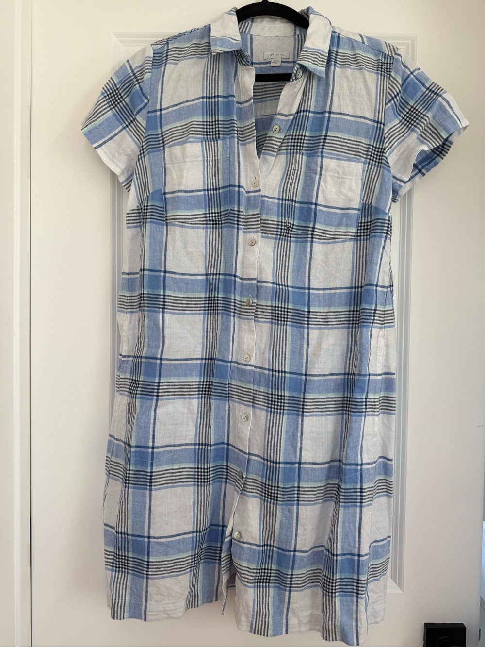 J. Jill Light Blue and White Plaid Short-Sleeve Button-Down Linen Shirt Dress